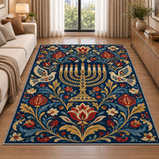 Folk Art Menorah Rug in a bright living room with a sofa