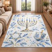Watercolor Hanukkah Rug in a bright living room with a sofa
