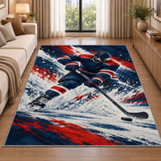 Hockey Player Ice Spray rug in a bright living room with a sofa
