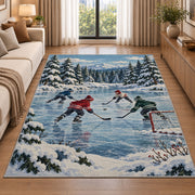 Pond Hockey in the Pines rug in a bright living room with a sofa