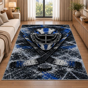 Goalie Mask Crossed Sticks rug in a bright living room with a sofa