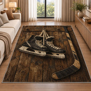 Hockey Skates on Barn Wood rug in a bright living room with a sofa