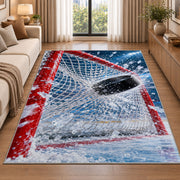 Puck Hitting the Net rug in a bright living room with a sofa