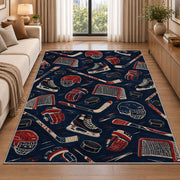 Hockey Gear Pattern rug in a bright living room with a sofa
