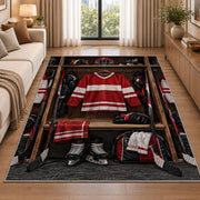 Hockey Locker Room rug in a bright living room with a sofa