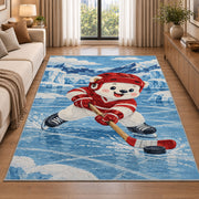 Polar Bear Hockey Player rug in a bright living room with a sofa