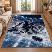 Goalie Making the Save rug in a bright living room with a sofa