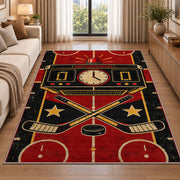 Retro Hockey Scoreboard rug in a bright living room with a sofa
