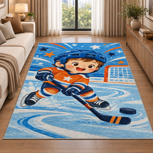 Little Hockey Star rug in a bright living room with a sofa