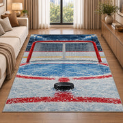 Hockey Goal Front View rug in a bright living room with a sofa