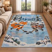 Fox and Raccoon Hockey rug in a bright living room with a sofa