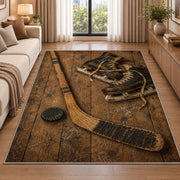 Vintage Hockey Stick and Skates rug in a bright living room with a sofa