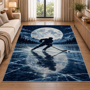 Hockey Player Under the Moon rug in a bright living room with a sofa