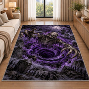 A grinning skeletal creature reaching from a violet vortex above a dark cemetery rug in a living room beside a sofa
