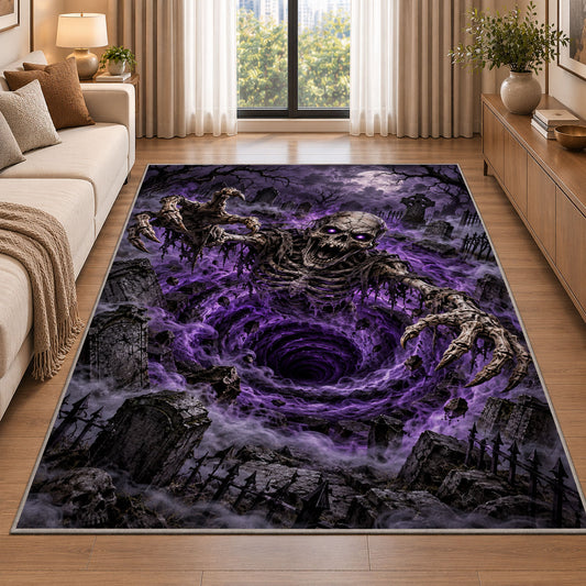 A grinning skeletal creature reaching from a violet vortex above a dark cemetery rug in a living room beside a sofa