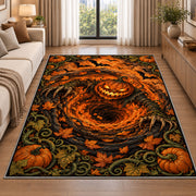 A glowing jack-o-lantern over an orange spiral with pumpkins and curling vines rug in a living room beside a sofa