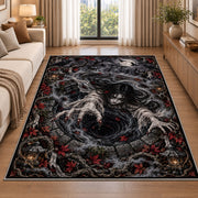 A long-haired ghost above a dark spiral with skulls, cobwebs, and ornate borders rug in a living room beside a sofa