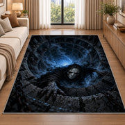 A pale hooded phantom emerging from a blue stone vortex rug in a living room beside a sofa