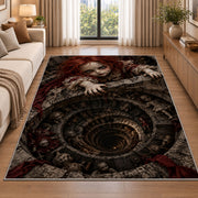 An eerie red-haired doll gripping a skull-lined spiral stone well rug in a living room beside a sofa