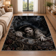 A dark-haired antique doll climbing over a deep circular stone shaft rug in a living room beside a sofa