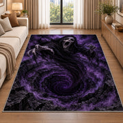 A screaming hooded specter hovering above a purple swirling abyss rug in a living room beside a sofa