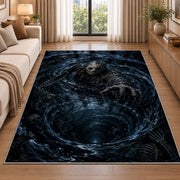 A masked figure reaching out from a dark flooded stone vortex rug in a living room beside a sofa