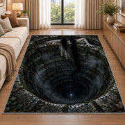 A long-haired ghost leaning over a deep stone well beneath tangled branches rug in a living room beside a sofa