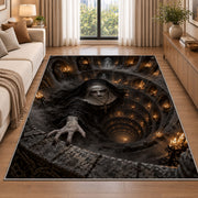 A pale hooded figure emerging from a candlelit spiral stone chamber rug in a living room beside a sofa