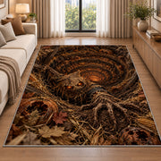A ragged scarecrow with glowing eyes rising beside an autumn-leaf spiral rug in a living room beside a sofa