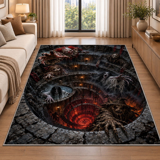 A gathering of eerie creatures surrounding a glowing red spiral pit rug in a living room beside a sofa