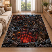 An ensemble of sinister figures framing a fiery descending castle abyss rug in a living room beside a sofa