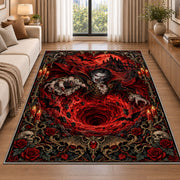 Gothic vampire red vortex area rug in a living room beside a sofa