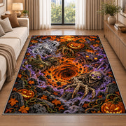 Skeleton and jack-o'-lantern graveyard vortex area rug in a living room beside a sofa