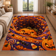Cute pumpkin and candy spiral area rug in a living room beside a sofa