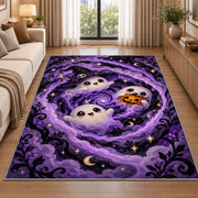 Cute ghost purple swirl area rug in a living room beside a sofa