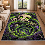 Glowing green skeleton well vortex area rug in a living room beside a sofa