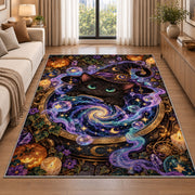 Black cat witch cauldron galaxy area rug in a living room beside a sofa