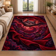 Cute bat red velvet vortex area rug in a living room beside a sofa