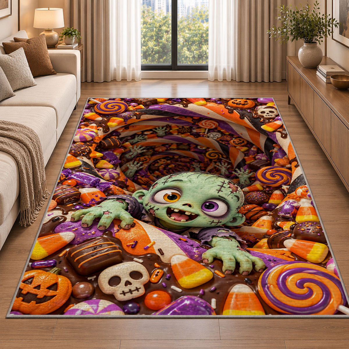 Cute zombie candy vortex area rug in a living room beside a sofa