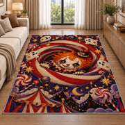 Creepy circus clown spiral area rug in a living room beside a sofa