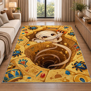 Cute mummy Egyptian tomb area rug in a living room beside a sofa
