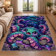 Cute octopus cosmic vortex area rug in a living room beside a sofa