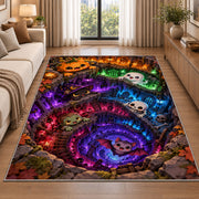 Neon underworld cave vortex area rug in a living room beside a sofa