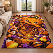 Cute pumpkin candy tunnel area rug in a living room beside a sofa