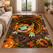 Cute dinosaur pumpkin costume area rug in a living room beside a sofa