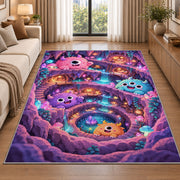 Cute fluffy monster crystal cave area rug in a living room beside a sofa