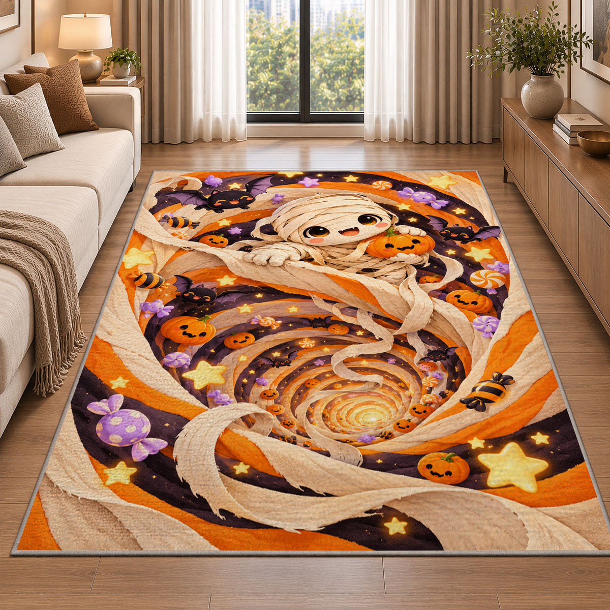 Cute mummy orange swirl area rug in a living room beside a sofa