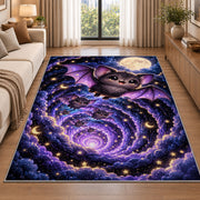 Cute bat full moon galaxy area rug in a living room beside a sofa