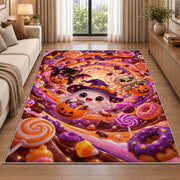 Cute ghost witch candy swirl area rug in a living room beside a sofa