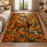 Autumn Whitetail Buck rug in a bright living room with a sofa